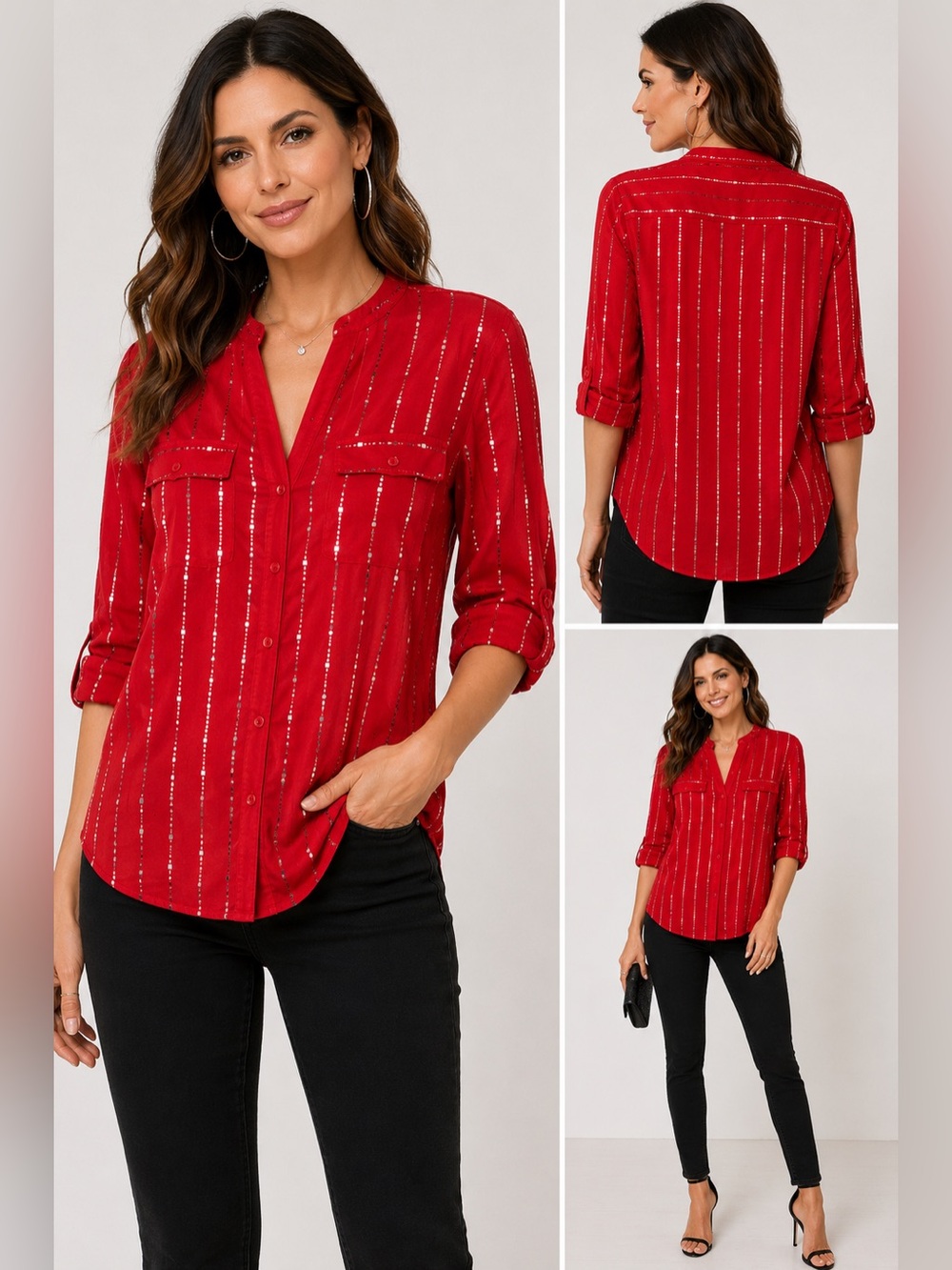 NWT NY Collection Red Metallic Stripe Button Down Blouse Petite Large